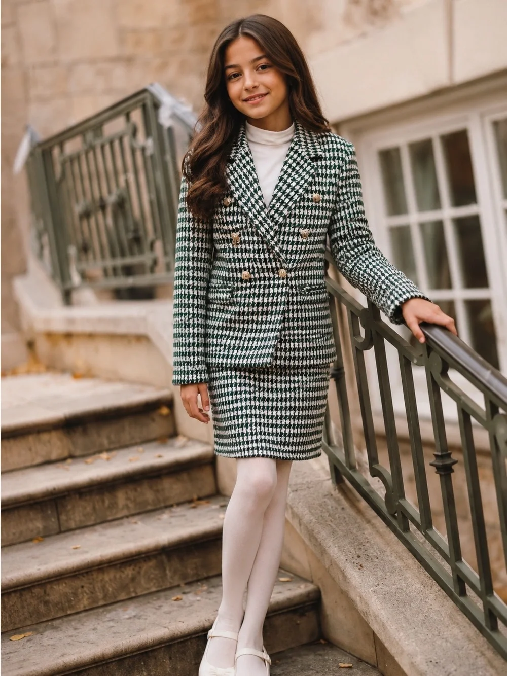 Ivy City Co Houndstooth Tweed Green and White Button Up Blazer Jacket for Girls